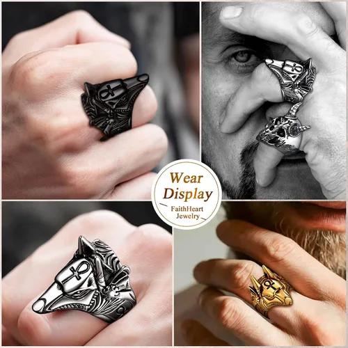 Miniatura 9 de FaithHeart Anubis - Anillos para hombres y mujeres, joyería de acero inoxidable resistente, anillo de amuleto de cruz Ankh, embalaje delicado, Acero