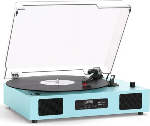 Miniatura 15 de Tocadiscos de vinilo Bluetooth con dos altavoces incorporados, grabación USB, transmisión por correa, 3 velocidades, tocadiscos para discos de Negro