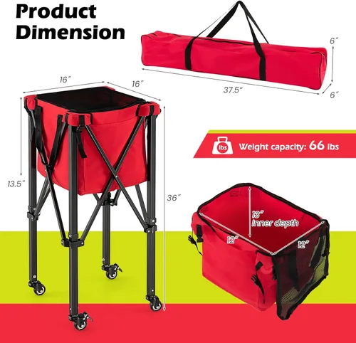 Miniatura 7 de GYMAX Tolva de pelota de tenis, carrito plegable para 150 pelotas de tenis con bolsa de transporte, marco de fácil montaje, bolsa extraíble y 4 Rojo