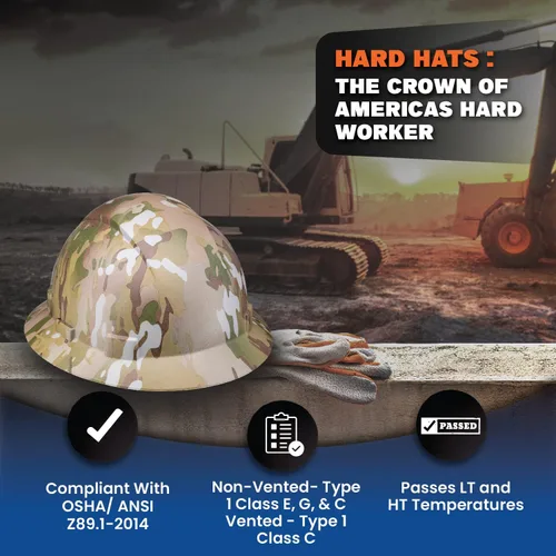 Miniatura 5 de Casco de construcción OSHA de ala completa con diseño camuflaje ventilado de acabado mate, suspensión de 6 puntos