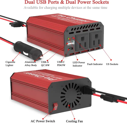 Miniatura 4 de Pro Chaser - Inversor de corriente para vehículo de 400 W - Convertidor de 12 V CC a 110 V CA para coche, con dos salidas de CA, puertos USB-A QC