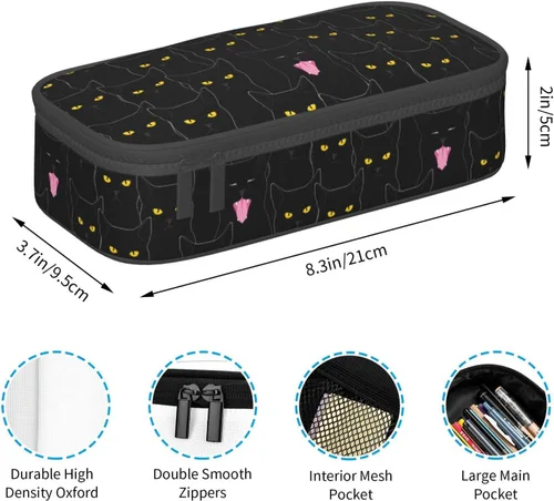 Miniatura 5 de Estuche organizador de lápices con patrón de gato negro, gran capacidad, papelería con cremallera, suministros escolares, bolsa para lápices