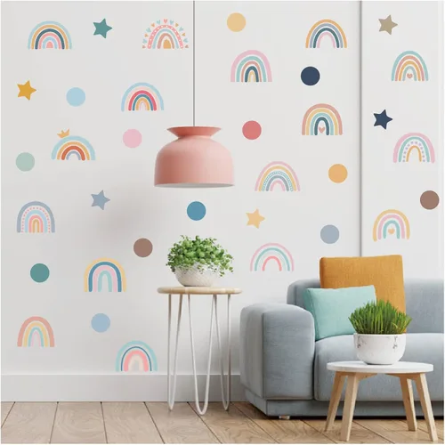 Miniatura 2 de Calcomanías de pared de arco iris para habitación de niños, 76 piezas extraíbles de despegar y pegar, calcomanías de pared boho de estrellas