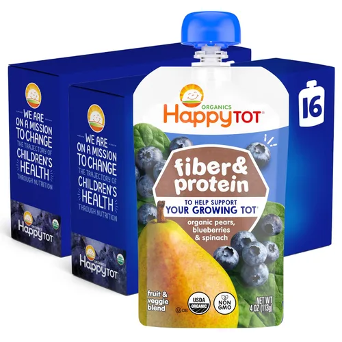 Miniatura 11 de Happy Tot Organics - Puré de frutas y verduras con fibra y proteína, sin gluten, vegano, snack, etapa 4, bolsas de comida para bebé, peras, kiwi