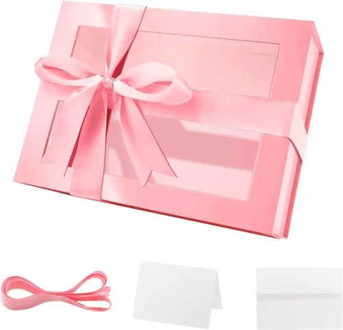 PACKQUEEN Caja de regalo rosa con ventana, 9x6.5x3.8 pulgadas, caja de regalo transparente para regalos, contiene cinta, tarjeta, caja de regalo