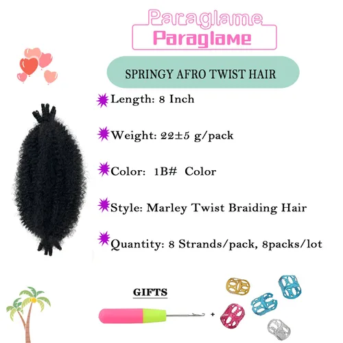 Miniatura 3 de Extensiones de cabello trenzado con resorte Marley Twist de 8 pulgadas, paquete de 8 para niños, cabello rizado y trenzado kinky, locs suaves