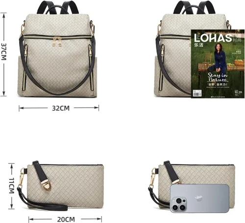 Miniatura 6 de Makes Mochila para mujer, de piel sintética, bolsa de viaje con diseño convertible con monedero, 2 piezas