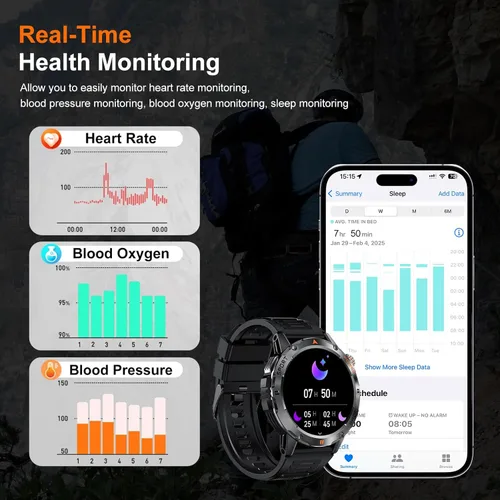 Miniatura 5 de Reloj inteligente militar para hombre, (responder/hacer llamadas), reloj inteligente de fitness con linterna compatible con Android y iPhone, Negro