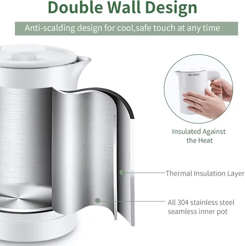 Miniatura 3 de 0.6L Hervidor Eléctrico Pequeño de Acero Inoxidable, Calentador Portátil de Agua Caliente Mini para Viajes, Tetera de Doble Pared de Tacto Frío