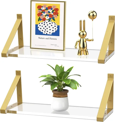Miniatura 8 de Estantes flotantes dorados y negros montados en la pared, juego de 2, acrílico transparente de 8 mm, estantes de pared invisibles para dormitorio
