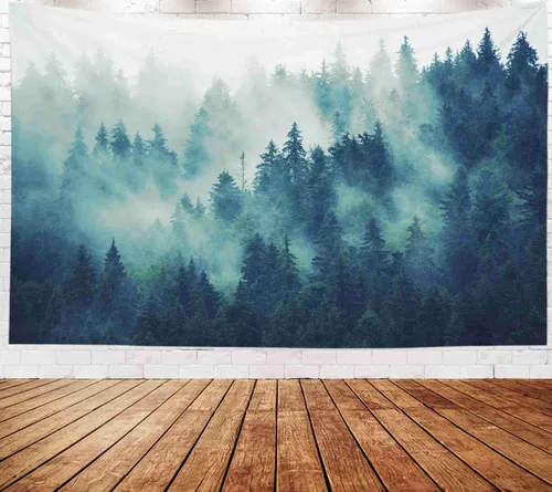 Miniatura 3 de EMMTEEY Tapiz de pared con bosque - Árbol de pino verde y niebla, arte de pared natural, 80x60 pulgadas, tapiz grande de estilo bohemio para sala