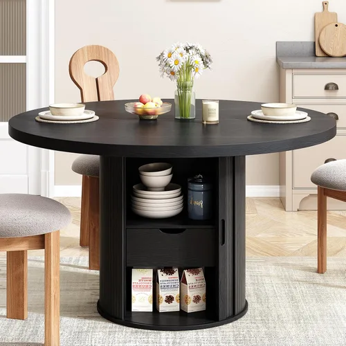 Mesa de comedor redonda de 47 pulgadas para 4, mesa de cocina circular con estante de almacenamiento de 2 capas y un cajón, mesas de comedor