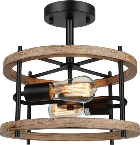 Miniatura 8 de Lakumu Lámpara de techo retro semi empotrada de 2 luces, de madera rústica vintage y metal negro industrial para pasillo, entrada, dormitorio, Cereza