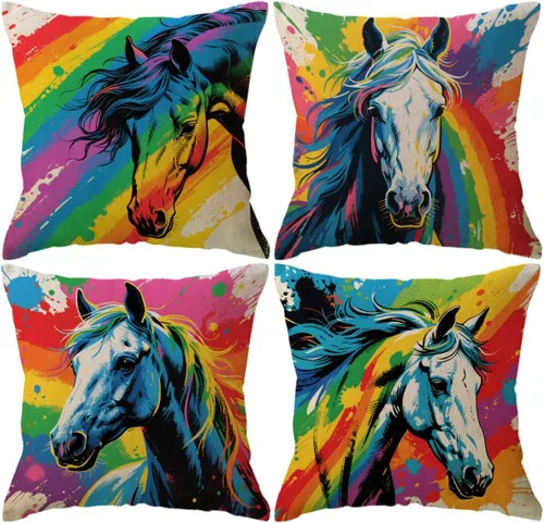 Miniatura 8 de ULOVE LOVE YOURSELF Paquete de 4 fundas de almohada de caballo con flores silvestres, fundas de almohada de caballo en acuarela rústica para Marrón