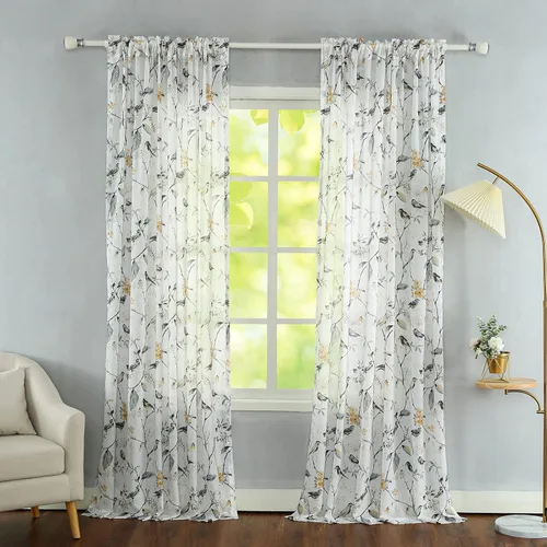 Miniatura 23 de VOGOL Cortinas de dormitorio con estampado de pájaros, paneles de ventana con ojales florales que oscurecen la habitación, cortinas de lino Morado