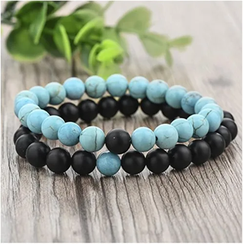 Miniatura 2 de Pulseras para Él y para Ella en ágata negra mate y turquesa de 8 mm, brazalete de distancia de arenisca para parejas, marca Xiaoli.