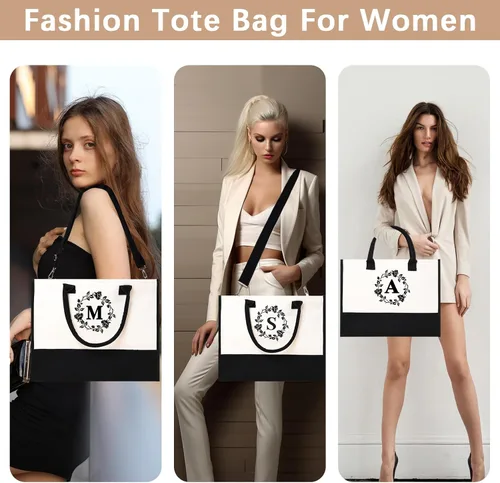 Miniatura 75 de Monogram - Bolsas de lona personalizadas con iniciales para mujer, bordado de doble cara, bolsas de playa, regalos para mujeres