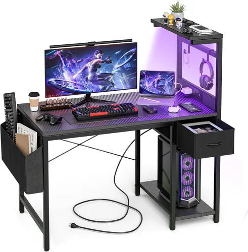 Grandder - Escritorio de juegos de 40 pulgadas con toma de corriente y luz LED, escritorio para computadora con estantes reversibles y cajón de