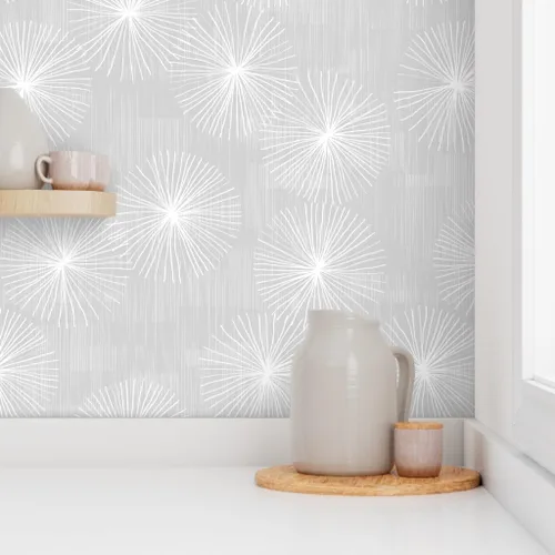 Miniatura 8 de Spoonflower Papel tapiz para despegar y pegar, diseño de diente de león gris claro, blanco, minimalista, círculo, copo de nieve, redondo, mediados