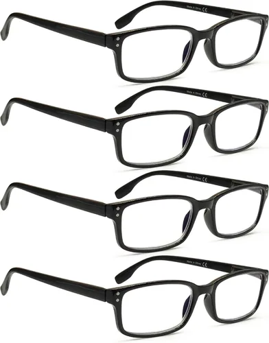 Miniatura 8 de Kerecsen Paquete de 4 lentes de lectura para hombres y mujeres con bisagras de resorte, anteojos rectangulares ligeros de color negro