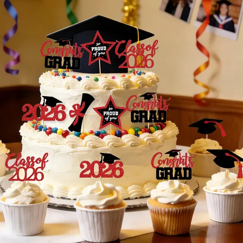 Miniatura 7 de 48 adornos para cupcakes de graduación, 6 estilos con purpurina, decoraciones de graduación en negro y rojo 2026, tapas y palillos para pasteles
