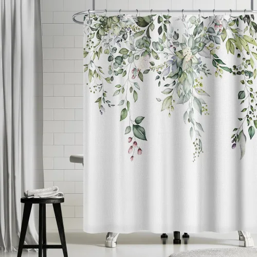 Yeele Cortinas de ducha con diseño de hojas verdes, cortinas de ducha de tela de flores silvestres para baño, cortina de baño de plantas florales