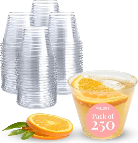 Prestee Paquete de 250 unidades - Vasos de plástico transparentes de 9 onzas - Vasos de vino de plástico desechables duraderos para fiesta, bodas y