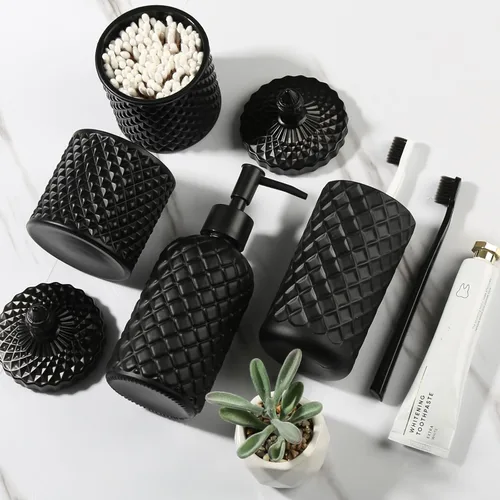 Miniatura 7 de RYTOXILO Juego de accesorios de baño negro mate, paquete de 4 juegos de accesorios de baño negros, dispensador de jabón de vidrio de diamante