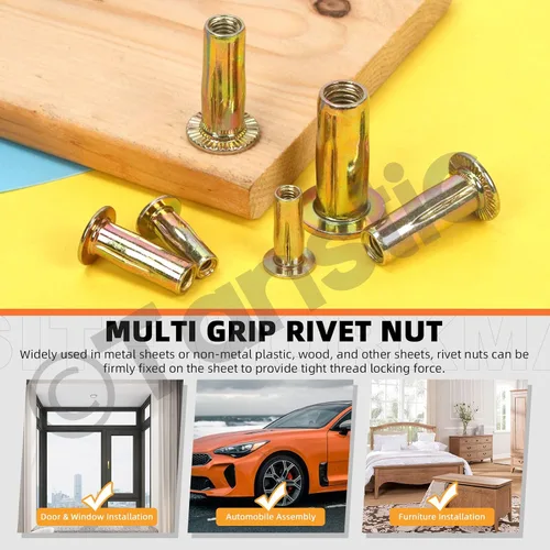 Miniatura 3 de Tanstic Kit de tuercas remachadoras M8 multiagarre, 26 piezas, acero al carbono chapado en zinc, tuerca de remache de alta resistencia, insertos