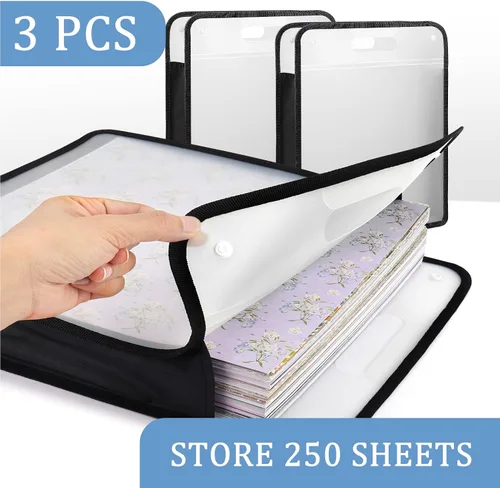 Miniatura 3 de Caydo Organizador de papel para álbum de recortes, paquete de 3 folios de papel expandible negro con asa, almacenamiento de papel portátil