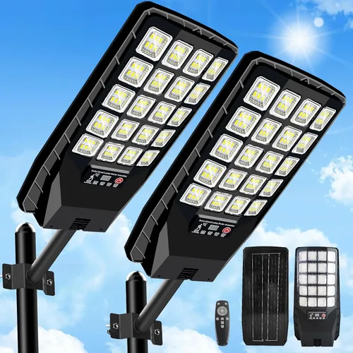JWT Paquete de 2 Luces de Calle Solares Impermeables para Exteriores - Luz de Inundación Alimentada por Energía Solar con Sensor de Movimiento y