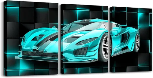 Miniatura 7 de Feelyou Cuadro azul de carreras para pared, 12 x 16 pulgadas, 3 piezas de autos deportivos de velocidad, lienzo para decoración de pared, diseño