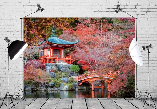 Miniatura 3 de BELECO Telón de fondo japonés, 5 x 3 pies, templo japonés Daigo-ji, ciudad de Kioto, otoño, arces rojos, paisaje, río, puente de jardín, telón