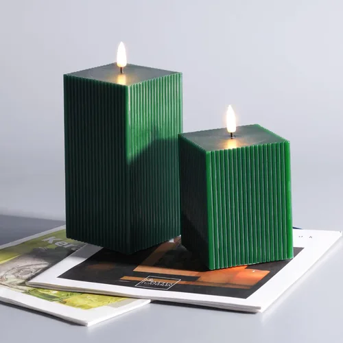Miniatura 4 de Velas sin Llama Acanaladas Verde Oscuro con Control Remoto, Velas LED Cuadradas a Batería Juego de 2 Φ 3" H 4" 6