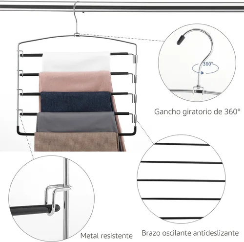Miniatura 4 de FeeraHozer Perchas antideslizantes para pantalones, paquete de 3 perchas para ahorrar espacio, múltiples capas con brazo oscilante, colgador