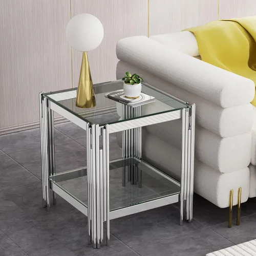 Miniatura 11 de Mesa auxiliar rectangular de vidrio de 48 pulgadas, mesa de centro de 2 niveles con parte superior de vidrio templado negro, patas de acero