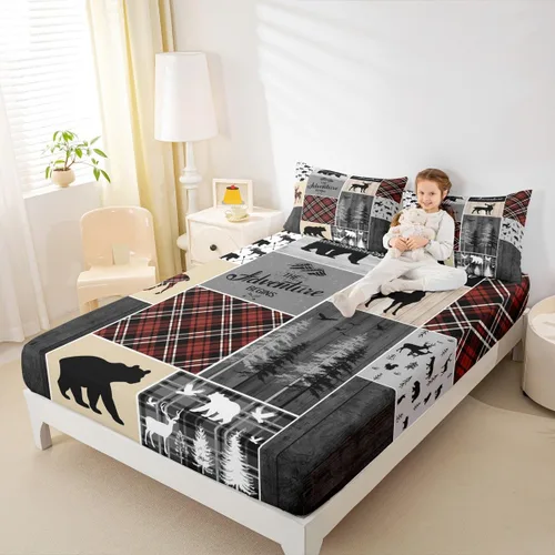 Miniatura 37 de Sábana bajera de retazos rústicos, sábanas de ciervos de oso para niños, adolescentes, adultos, mujeres, juego de ropa de cama rústica de granja