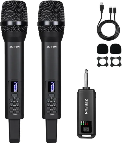 Miniatura 13 de Micrófono inalámbrico recargable, sistema de micrófonos de mano inalámbricos profesionales dinámicos con control de eco, agudos, graves, volumen