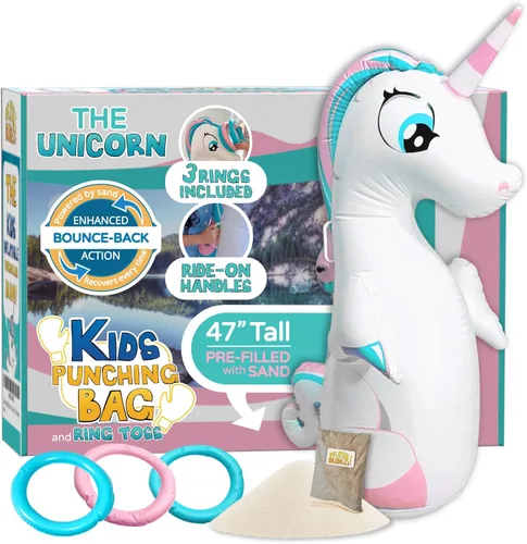 INFLATABLE DUDES Juguete de unicornio de 47 pulgadas, saco de boxeo para niños, ya lleno de arena, bolsa de Bop, lanzamiento de anillos de unicornio