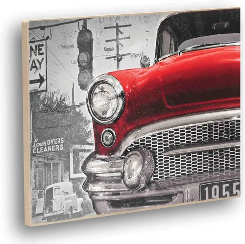 Miniatura 4 de Red Classic Car Route 66 Retro Wood Wall Decor – Arte de pared de coche clásico grande para hombre cueva, garaje o sala de estar Rojo