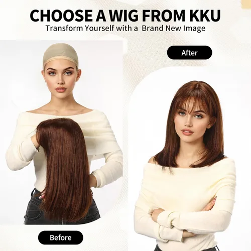 Miniatura 3 de KKU Pelucas de cabello humano de 16 pulgadas para mujer, peluca de cabello lacio en capas con flequillo, realismo natural, pelucas de cabello real
