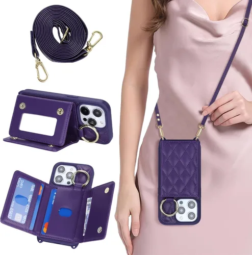 Miniatura 21 de Funda para iPhone 14 Plus con tarjetero y correa para mujer, cordón cruzado, espejo de maquillaje, soporte de anillo, cierre a presión, bonitas Rosa