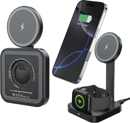 Miniatura 2 de Cargador inalámbrico 2 en 1 para iPhone y reloj, carga rápida de 15 W para teléfono y 5 W para reloj, soporte de cargador inalámbrico magnético