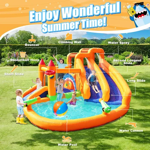 Miniatura 2 de Casa inflable de rebote, tobogán acuático triple para niños con doble cañón, pared de escalada, salto, piscina de chapoteo, aro de baloncesto