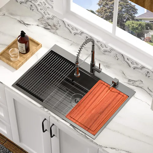 Miniatura 13 de Fregadero de cocina negro de 30"x19", estación de trabajo con revestimiento nano, acero inoxidable 304 calibre 16, hecho a mano, montaje superior