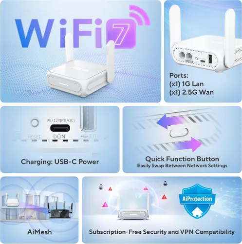 Miniatura 3 de ASUS RT-BE58 Go Router de viaje portátil WiFi 7 de doble banda, 3600 Mbps, conexión 4G/5G, modo WiFi público (WISP), puerto 2.5G, seguridad de red