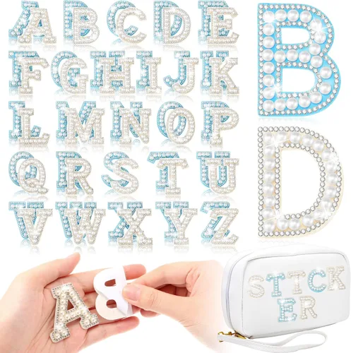 Miniatura 9 de WILLBOND 52 Piezas Parches Autoadhesivos de Letras con Perlas y Diamantes de Imitación A-Z Calcomanías de Letras con Diamantes de Imitación