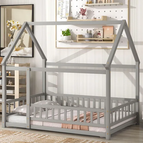 LLS Cama de piso completo para niños, marco de cama de madera con techo y barandillas de valla seguras, cama Montessori para niñas y niños, gris