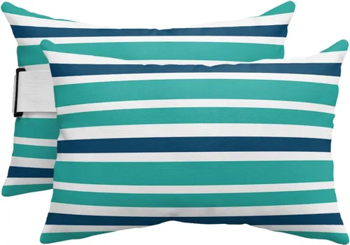 Miniatura 13 de T&H XHome Almohada de exterior para tumbona, diseño geométrico simple de rayas, impermeable, almohada lumbar con correa elástica ajustable