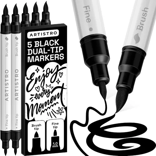 ARTISTRO 5 marcadores de pintura acrílica negra, bolígrafos de pintura de doble punta + pincel fino ideal para caligrafía, perfectos para tela,
